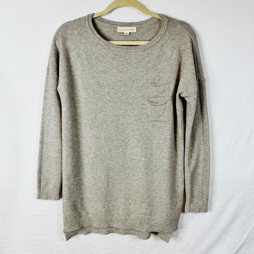 Love Stitch Small Sweater Gray Womens Crewneck Pullover three quarter sleeves
